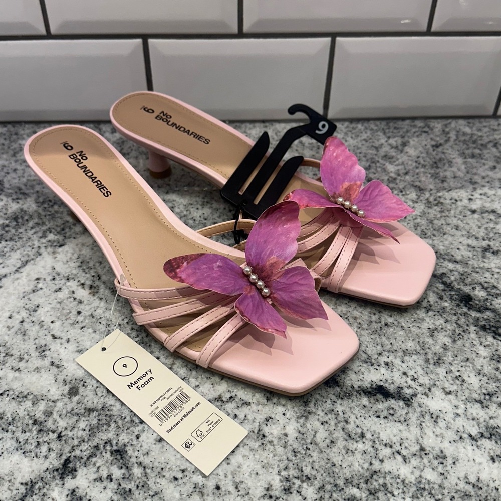 No Boundaries Womens 9 Kitten Heel Sandal Pink Butterfly Pearl Strappy Fairycore